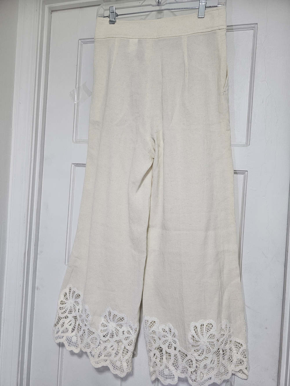 ZARA Women Beige Solid Wide-Leg Pants High Rise Lace Hem Pockets Zip Button M - Picture 3 of 12